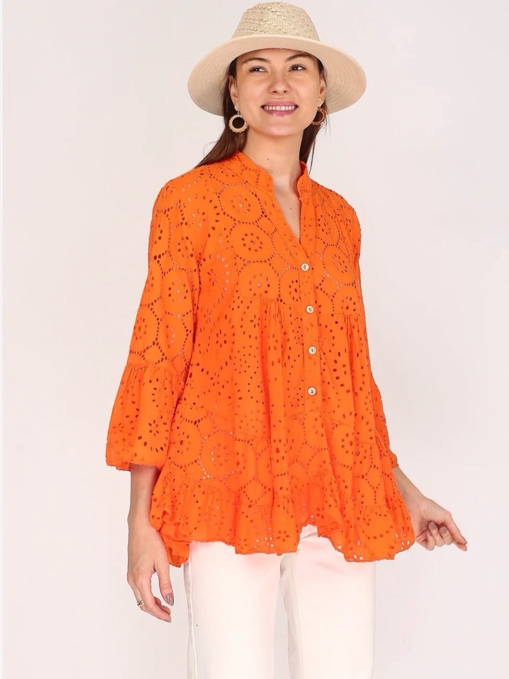 Bella Amore Orange Eyelet Peplum Blouse Made in Italy Boho L/XL